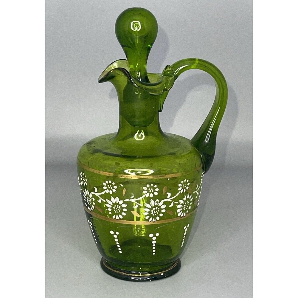 Vtg Emerald Green Glass Cruet Decanter Set Hand Painted Matching Stopper